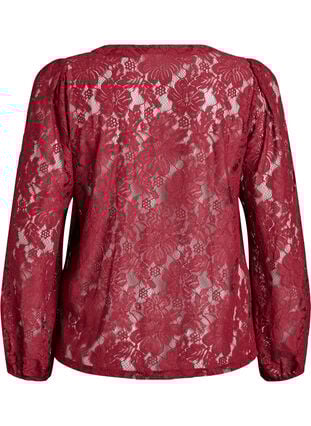 Zizzi Bluse med blonder, åpen front og knytestrenger, Mørk Bordeaux, Packshot image number 1