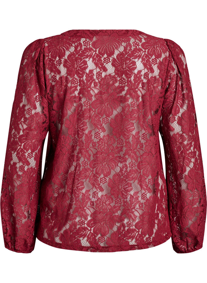 Bluse med blonder, åpen front og knytestrenger, Mørk Bordeaux, Packshot image number 1