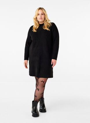 Zizzi Kort ribbestrikket kjole med rund hals, Black, Model image number 2