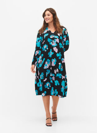 Langermet viskose kjole med print, Blue AOP, Model image number 3