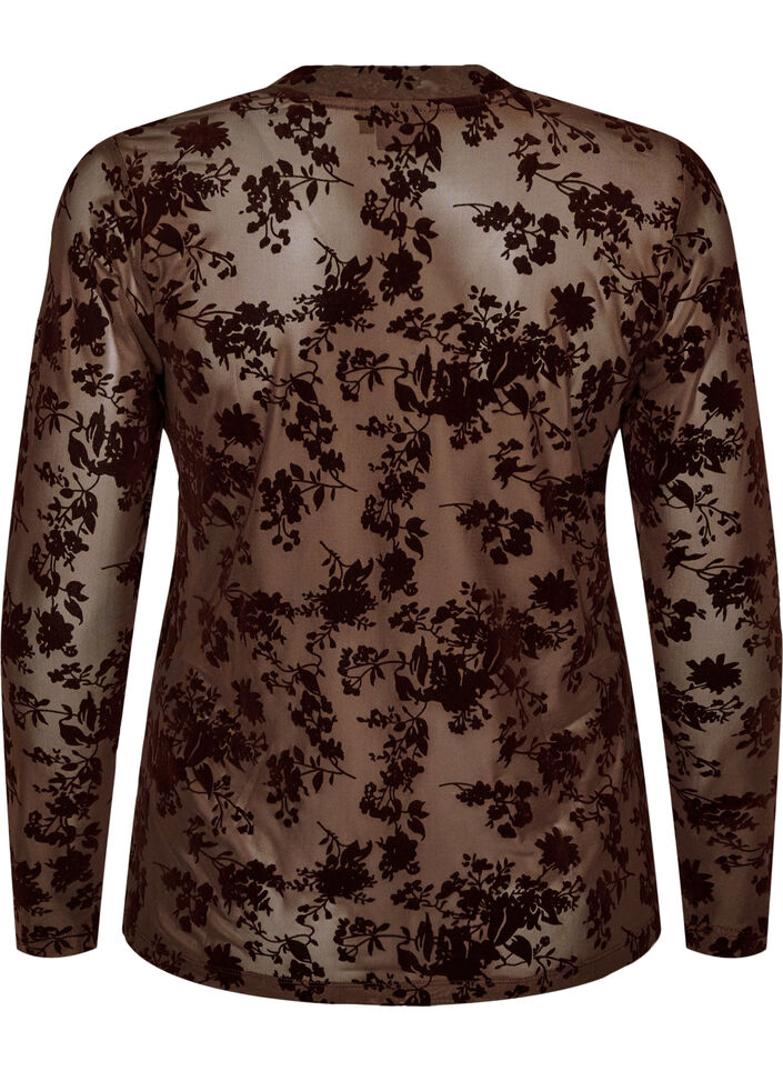 Meshbluse med blomstertrykk, Brun, Packshot image number 1
