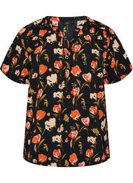 Bluse med korte ermer og v-hals, Svart