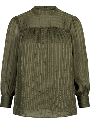 Stripete bluse med høy hals og knapper, Forest Night, Packshot image number 0