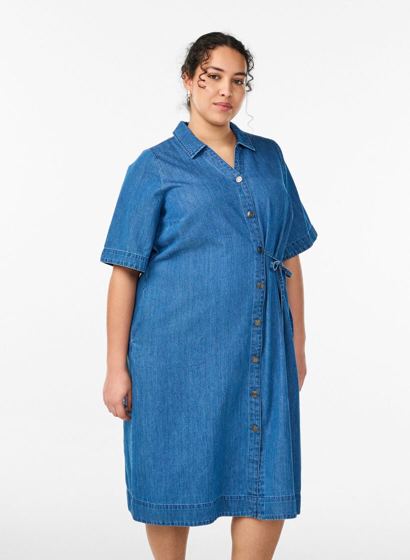 Denim kjole med knapper og knytedetalj, Bl&aring;, Model image number 0