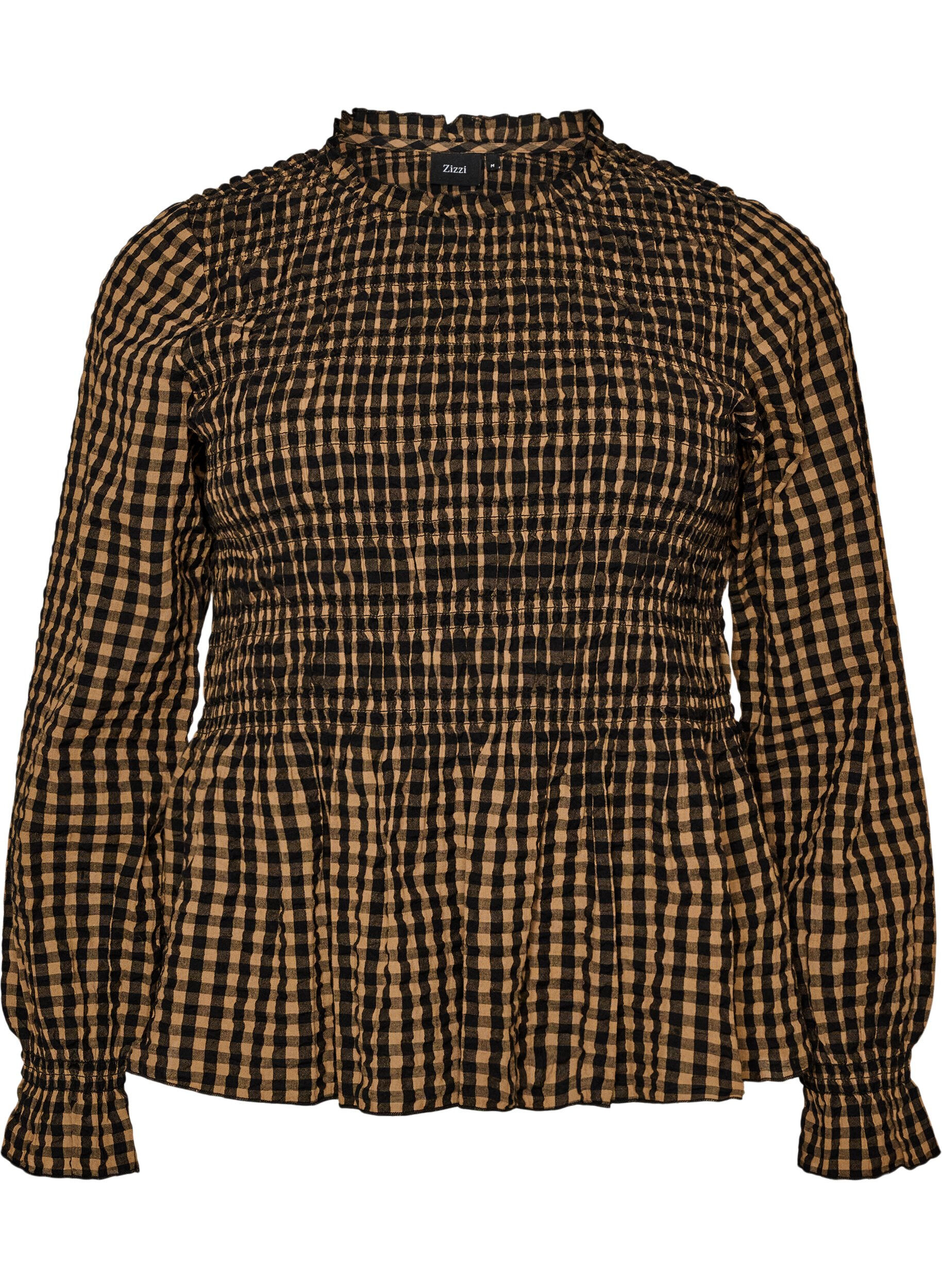 ZizziRutete bluse med smocking og peplum, Brun, Packshot image number 0