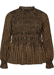 Rutete bluse med smocking og peplum, Brun