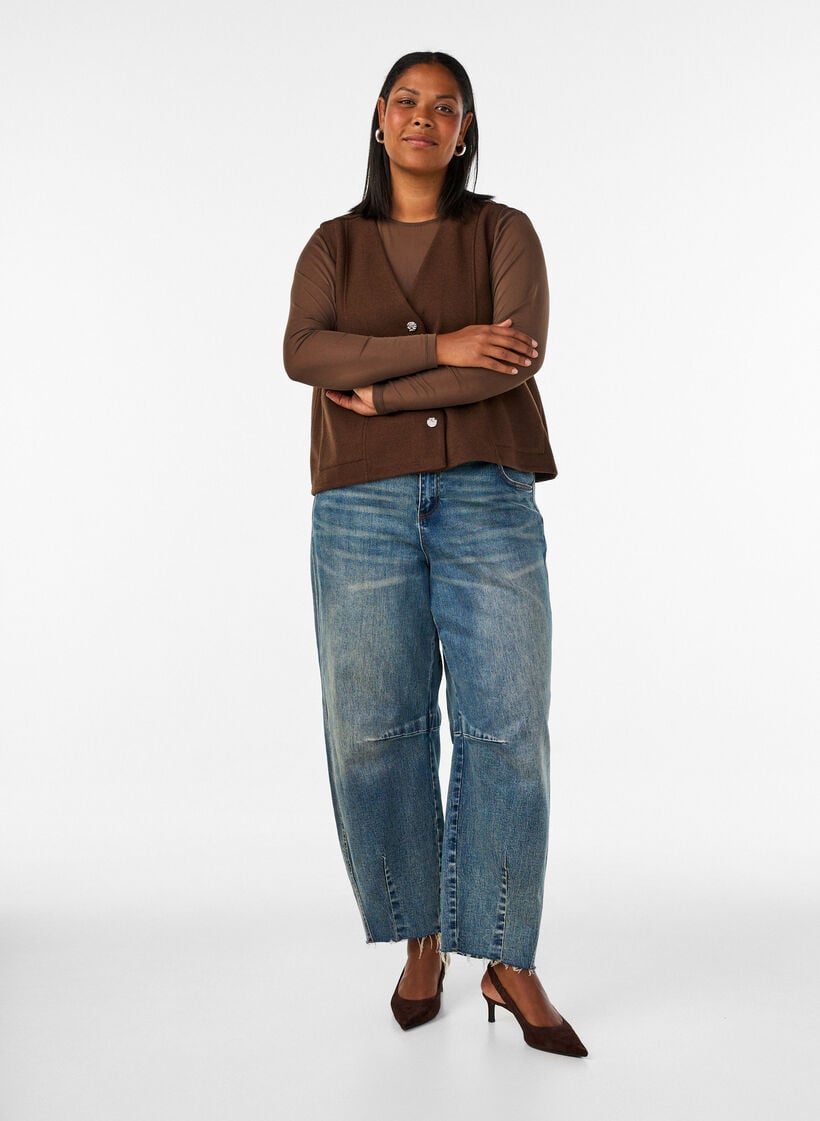 Bluse i mesh med lange ermer, Brun, Model image number 1
