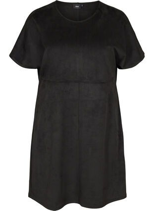 Kortermet kjole i imitert, semsket skinn, Black, Packshot image number 0
