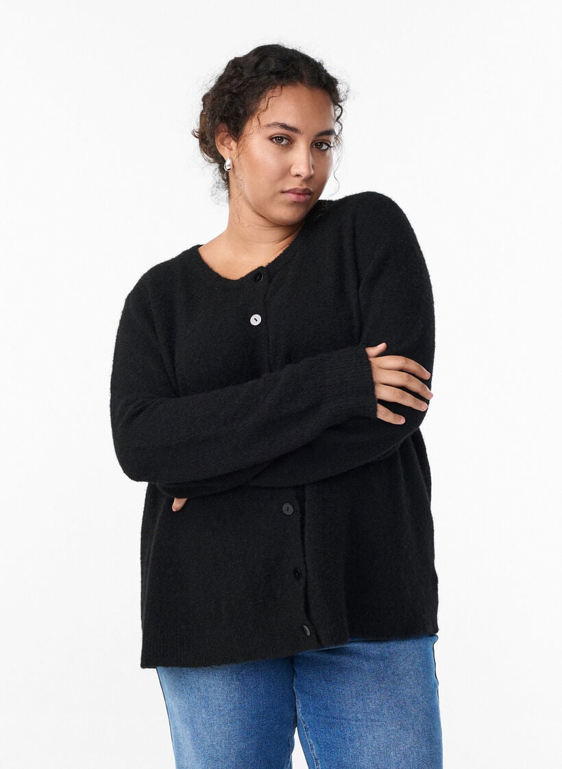 Strikket cardigan med ull og knapper, Svart, Model image number 0