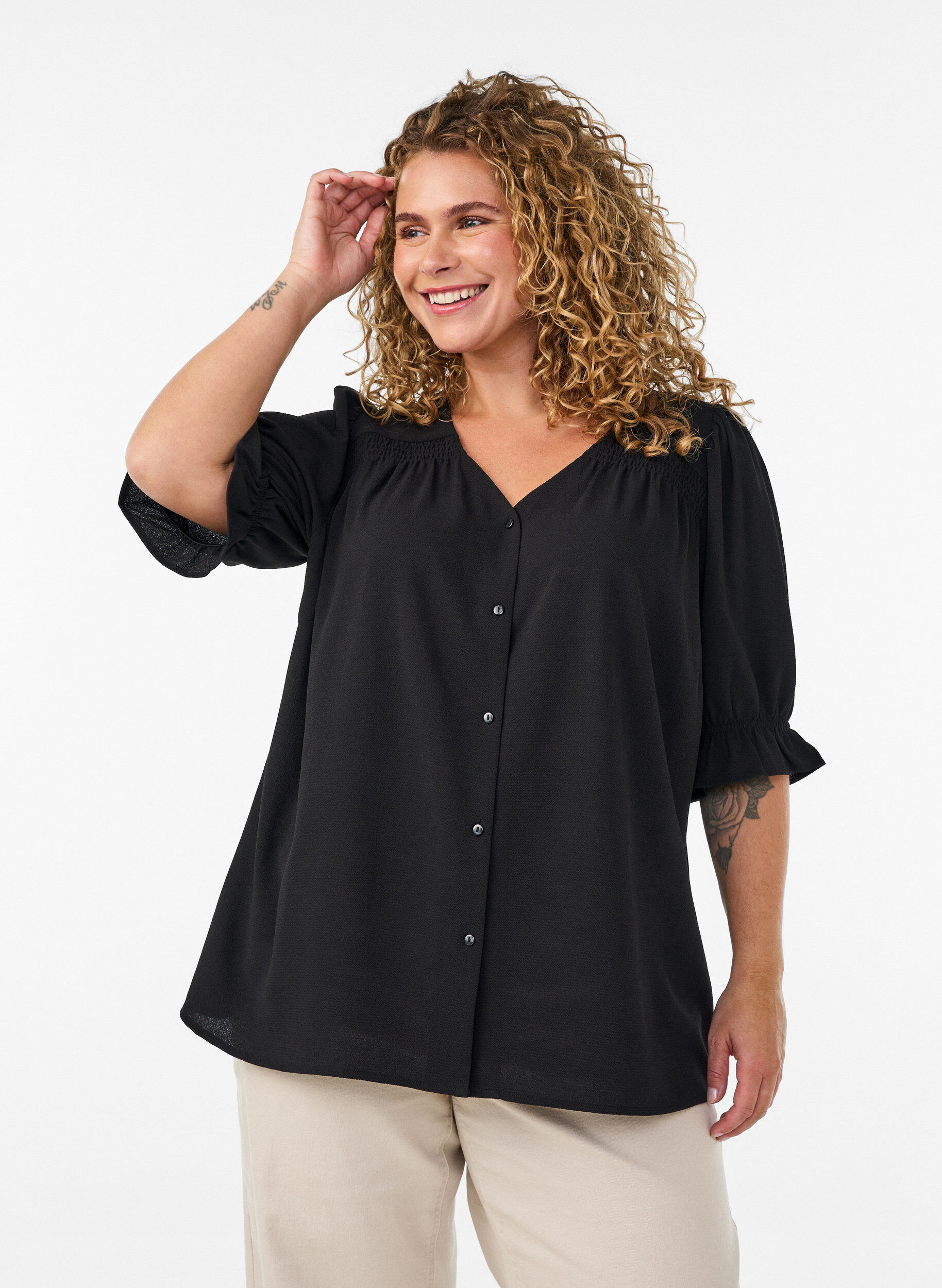 ZizziSkjortebluse med 1/2 ermer, Svart, Model image number 0