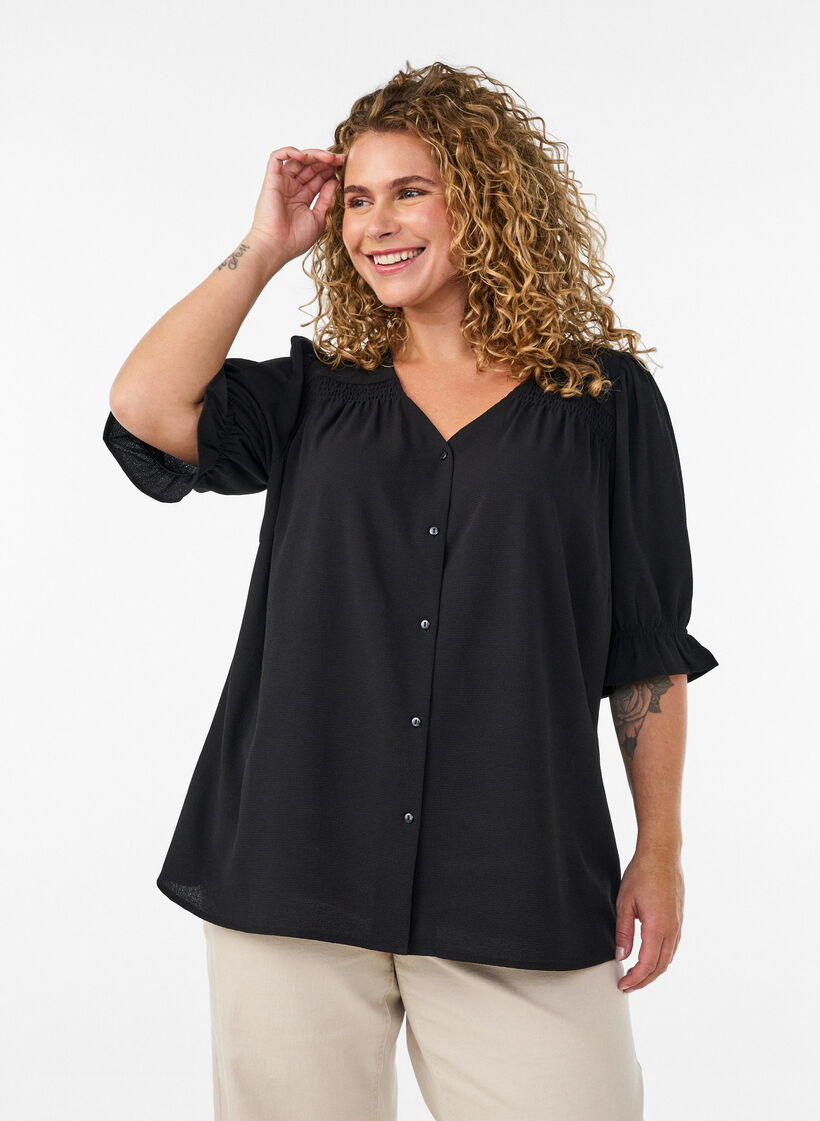 Skjortebluse med 1/2 ermer, Svart, Model image number 0