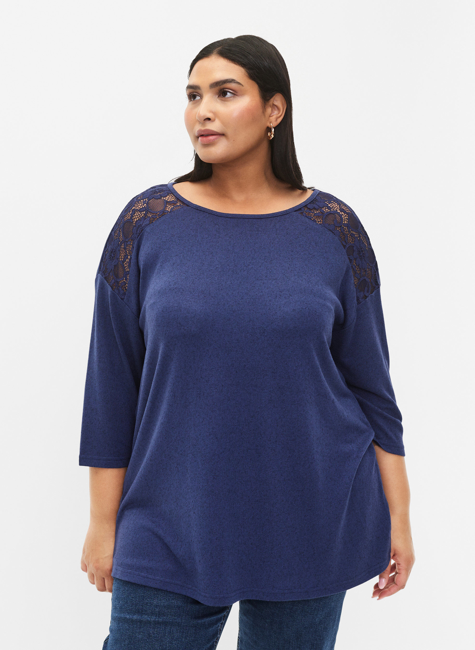 Zizzi Bluse med 3/4-ermer og blondedetaljer, Medieval Blue Mel., Model image number 0