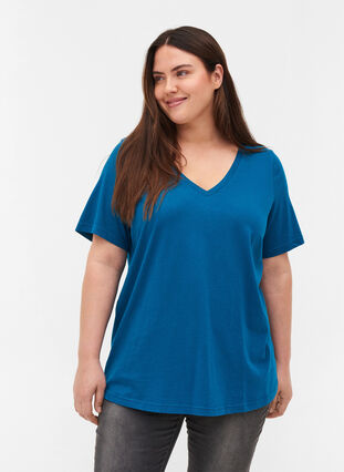 T-skjorte i organisk bomull med V-hals, Maroccan Blue, Model image number 0