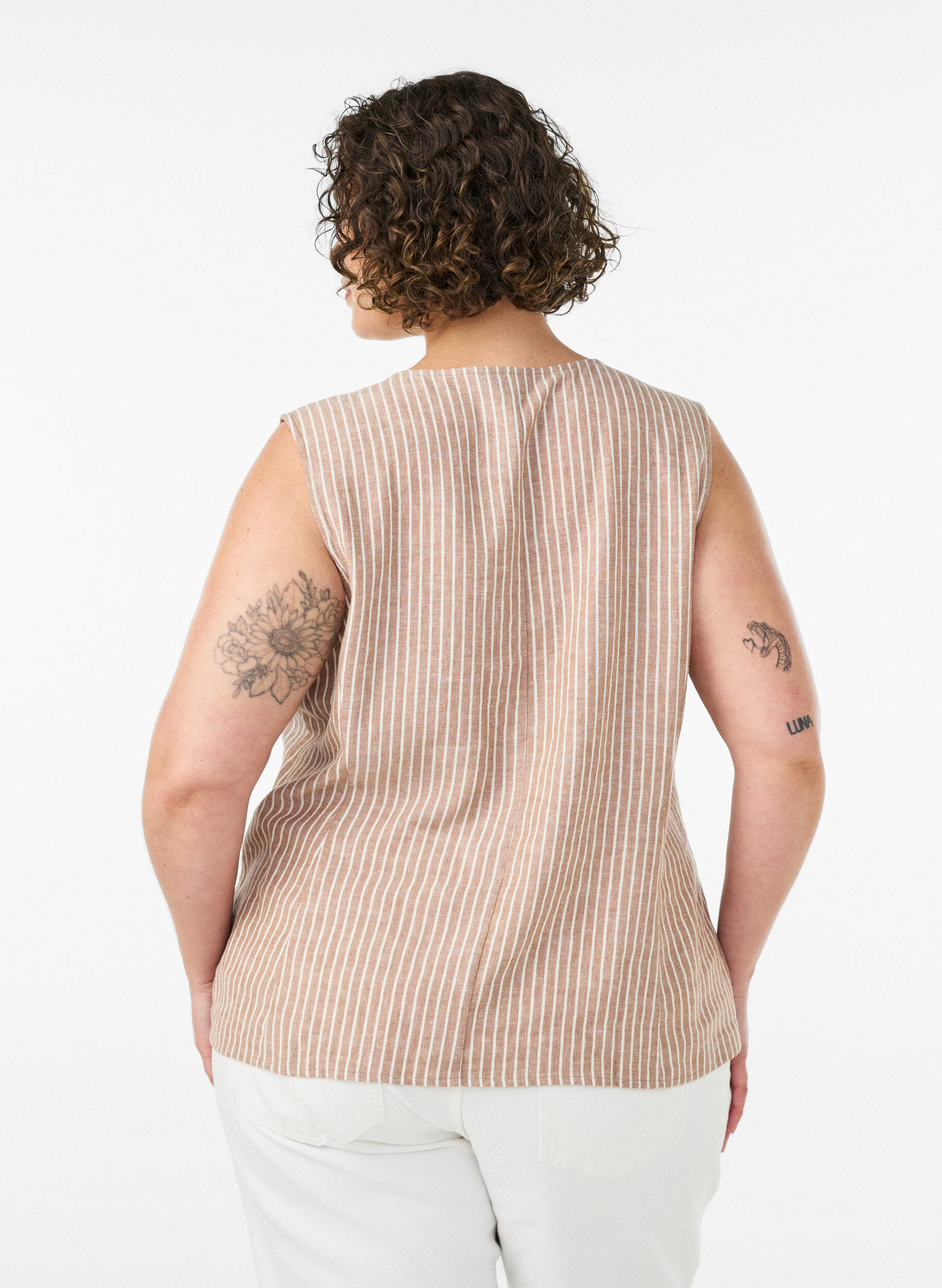 ZizziStripete vest i lin og viskose, Beige, Model image number 2
