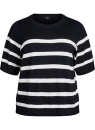 Stripete strikketopp med korte ermer, Black w. Cloud D.