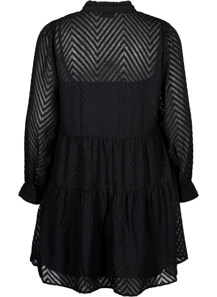 Kort, strukturmønstret kjole med volangkrage, Black, Packshot image number 1