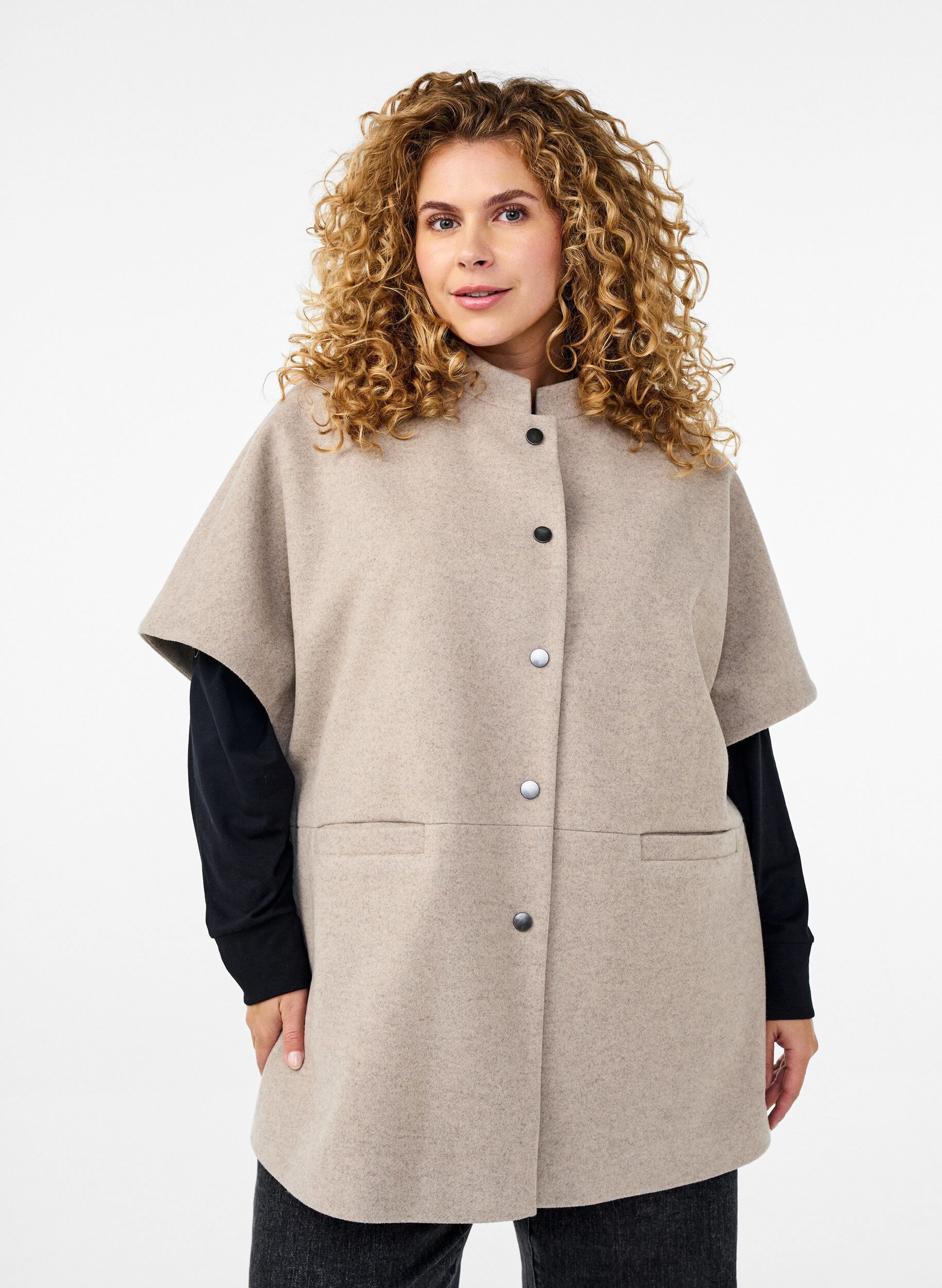 Zizzi Cape-jakke i ull-look med korte ermer, Simply Taupe Mel., Model image number 0