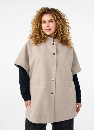 Zizzi Cape-jakke i ull-look med korte ermer, Simply Taupe Mel., Model image number 0