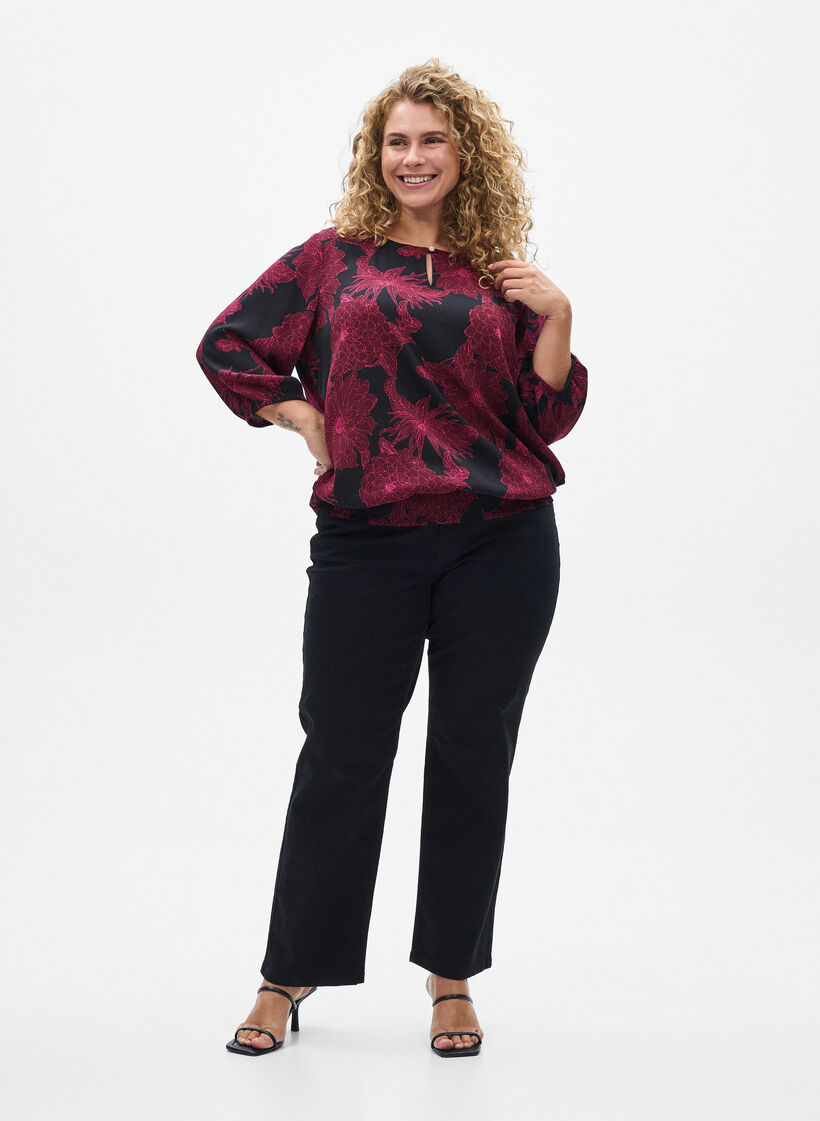 Viskose bluse med blomstertrykk og smocking, M&oslash;rk Bordeaux, Model image number 1
