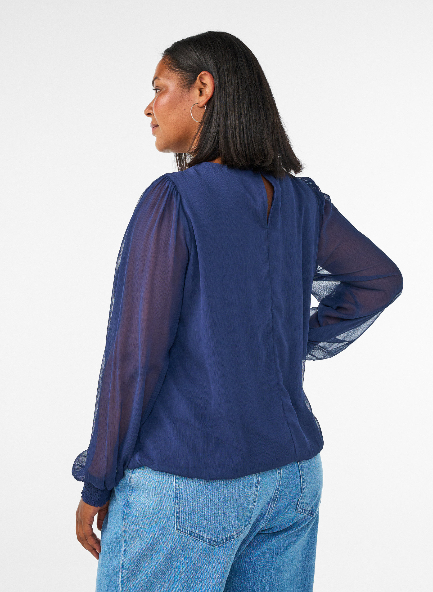 ZizziChiffonbluse med gjennomsiktige ermer, Bl&aring;, Model image number 2