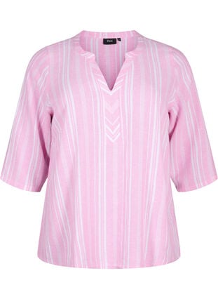 Stripete bluse i lin- og viskoseblandet kvalitet, Rosebloom Wh.Stripe, Packshot image number 0