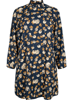 FLASH – Langermet kjole med blomstertrykk, Navy Brown Flower, Packshot image number 0