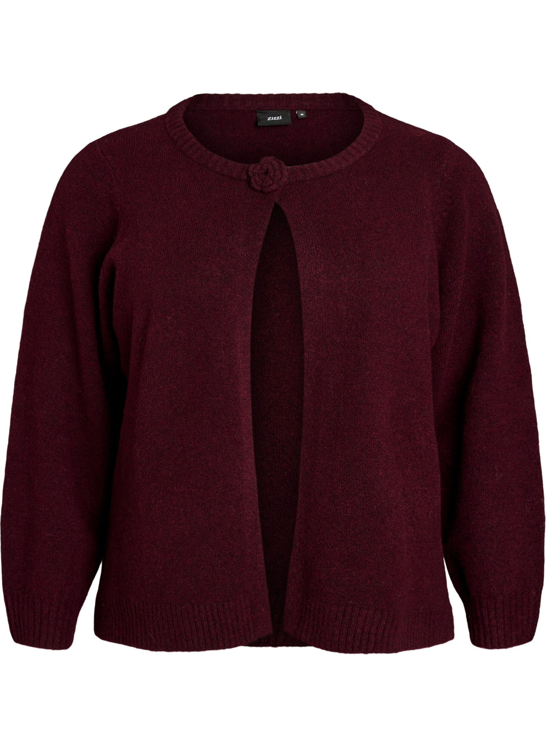ZizziStrikket cardigan med blomsterdetaljer, M&oslash;rk Bordeaux, Packshot image number 0
