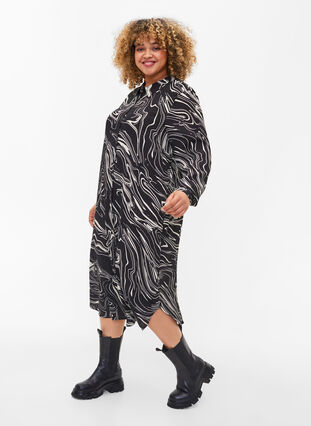 Skjortekjole i viskose med mønster, Black Swirl AOP, Model image number 0
