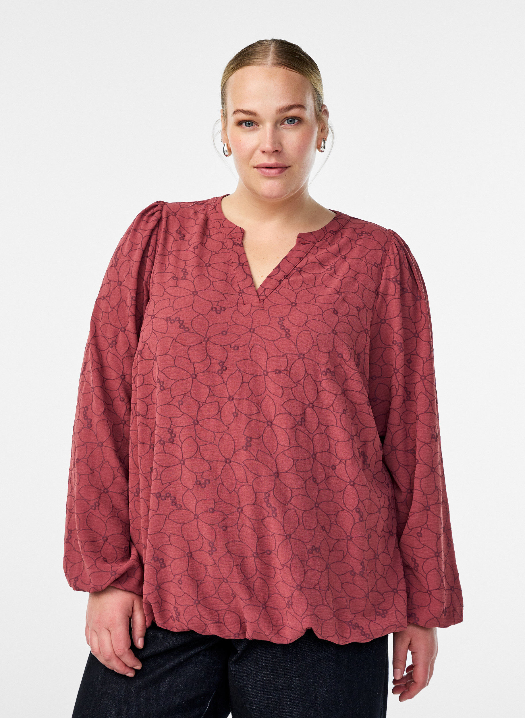 Zizzi Langermet bluse med blomsterbroderi, Rosa, Model image number 0