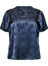 Satinbluse med blomstertrykk og V-hals, Bl&aring;