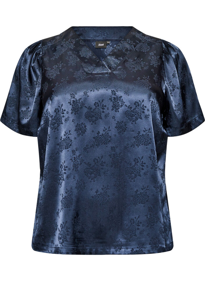 Satinbluse med blomstertrykk og V-hals, Bl&aring;, Packshot image number 0