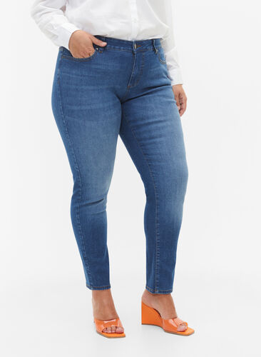Emily jeans med vanlig liv og smal passform, Blue denim, Model image number 2