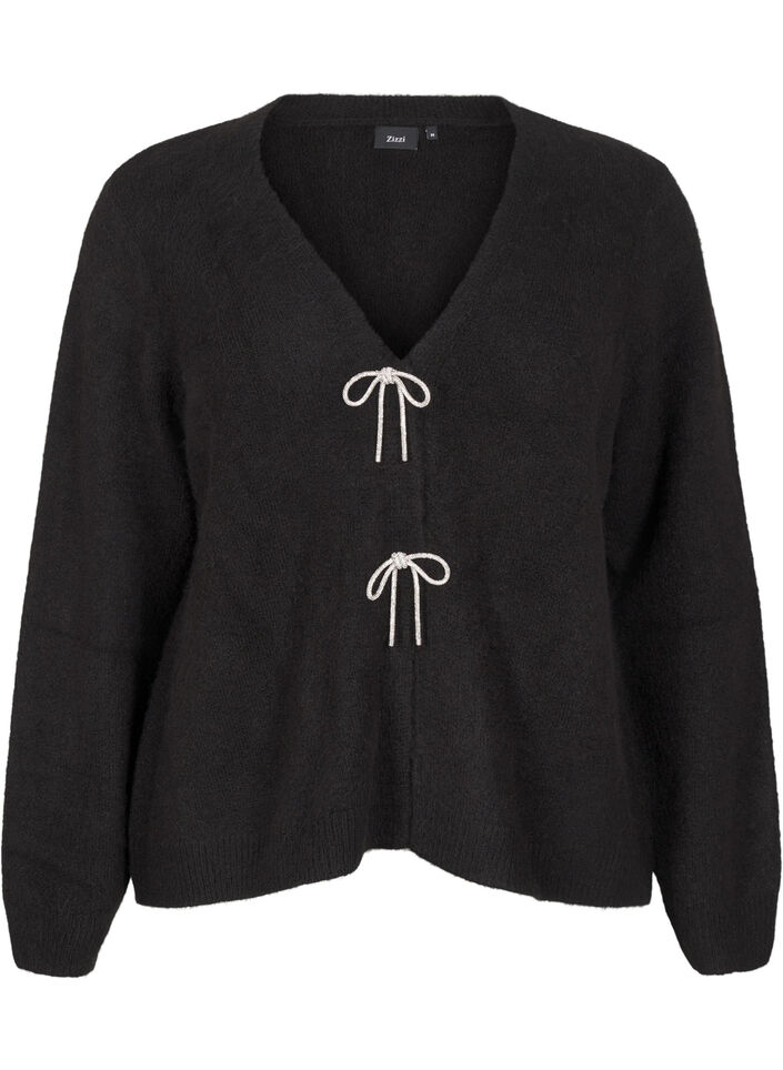 Strikket cardigan med sølvfarget sløyfe, Black, Packshot image number 0