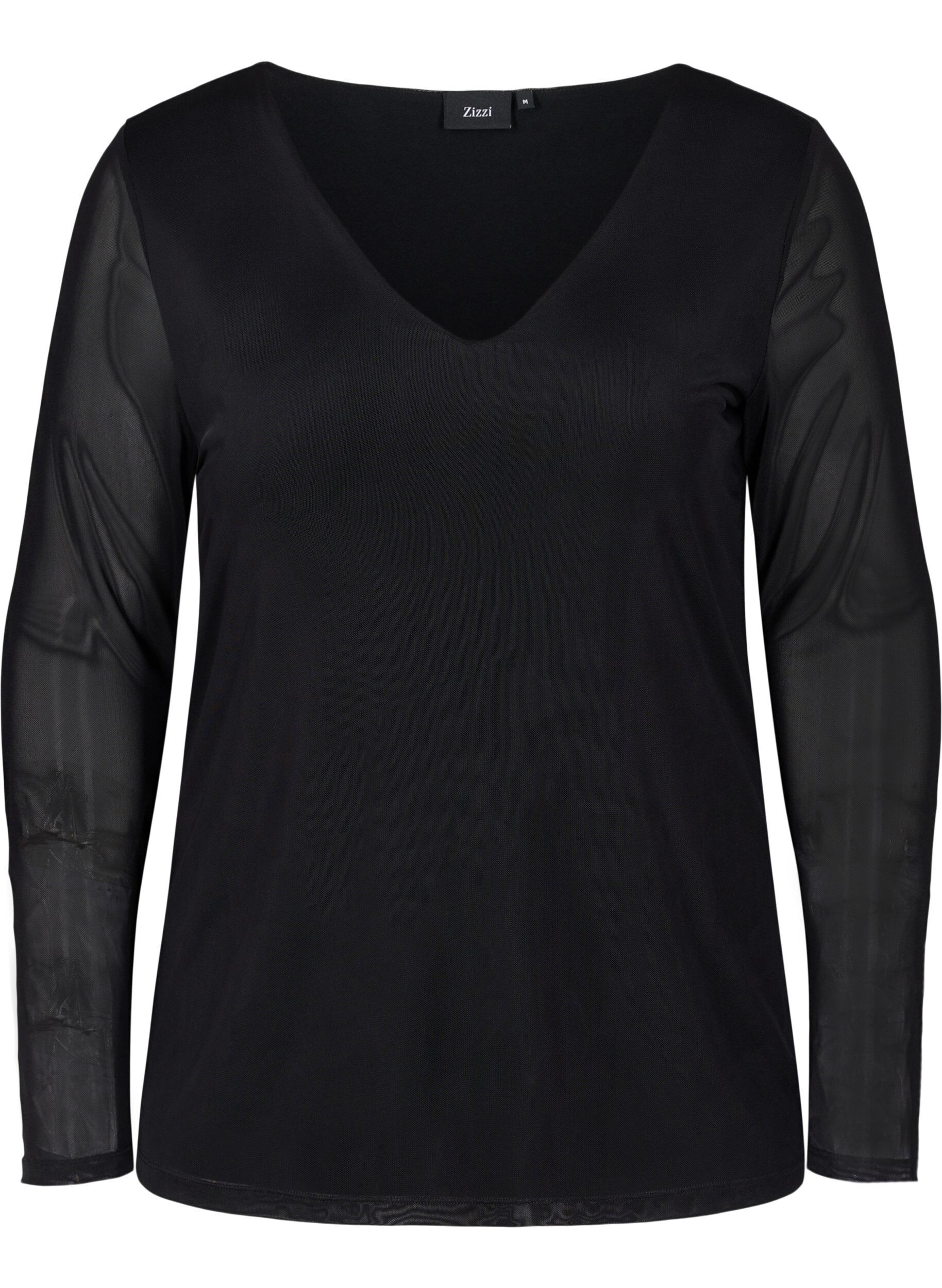 Zizzi Tettsittende bluse i mesh med V-hals, Black, Packshot image number 0