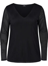 Tettsittende bluse i mesh med V-hals, Black
