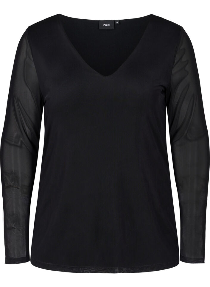 Tettsittende bluse i mesh med V-hals, Black, Packshot image number 0