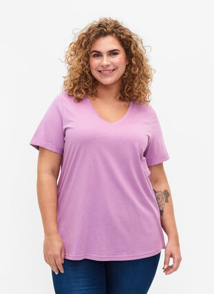 Bomulls T-skjorte med V-hals, Lavender Herb, Model image number 0