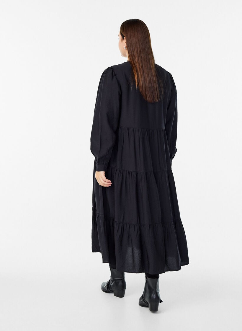 Midikjole med v-hals og A-linjeform, Svart, Model image number 1