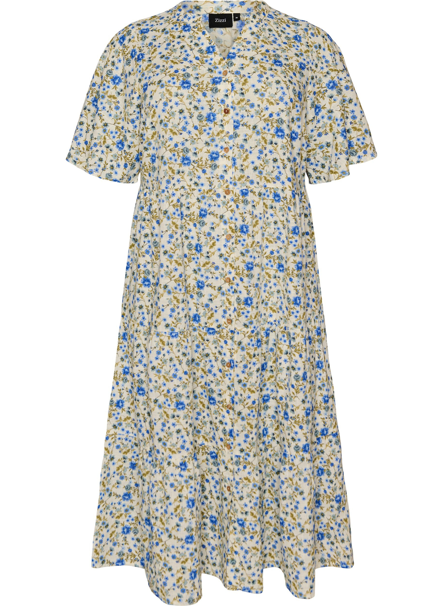 ZizziBomullsmidikjole med blomsterprint, Bl&aring;, Packshot image number 0