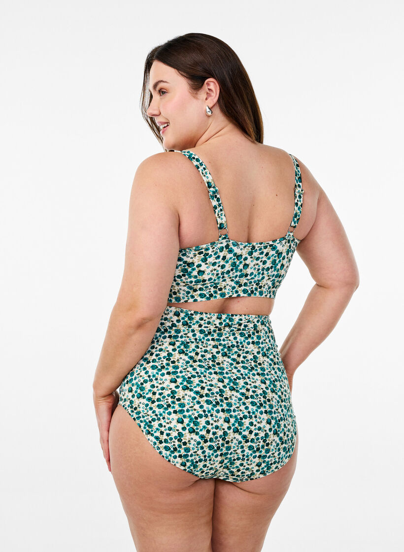 Blomstrete bikinioverdel med volangdetaljer, Gr&oslash;nn, Model image number 2