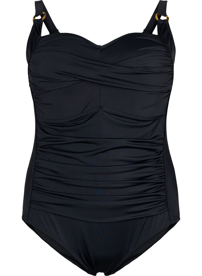 Vattert badedrakt med draperinger , Svart, Packshot image number 0