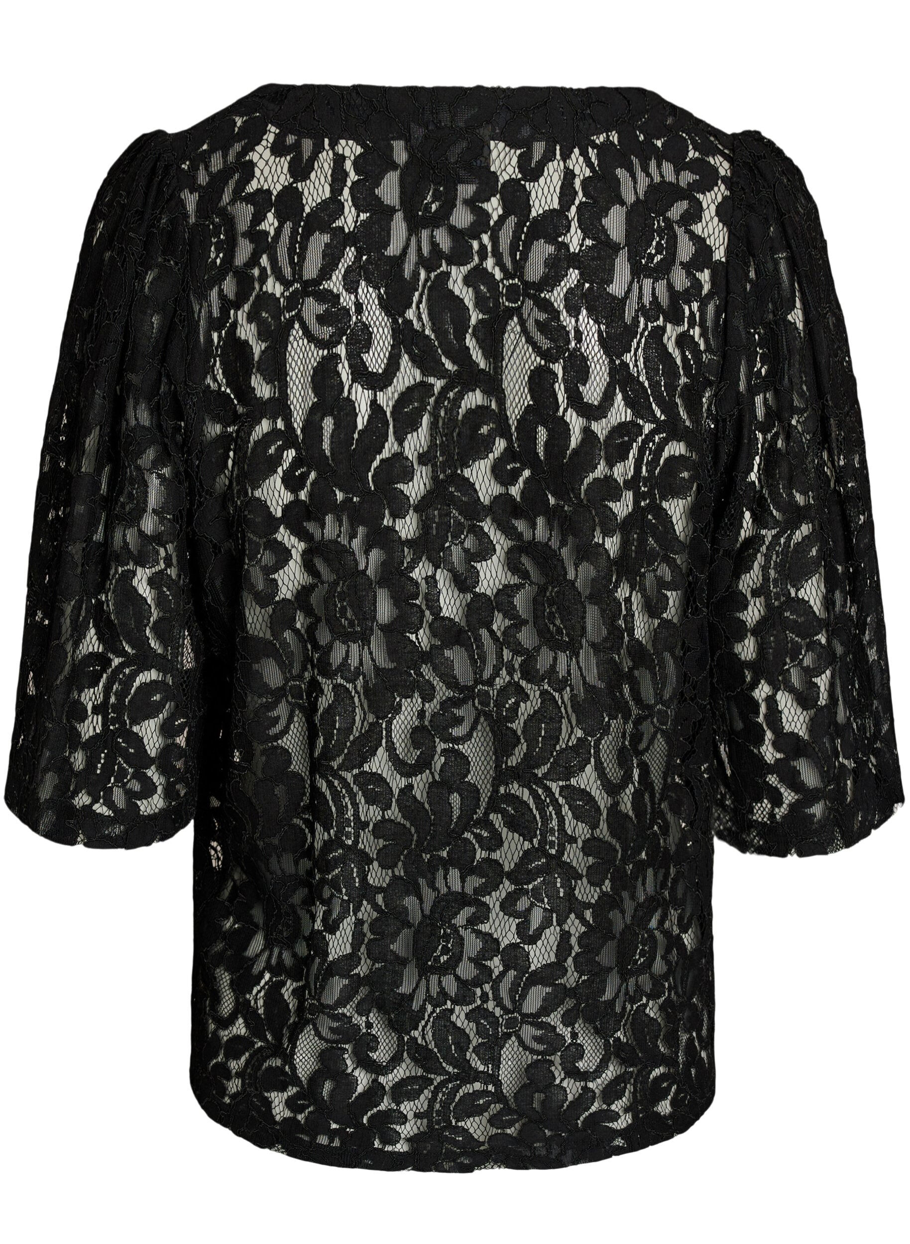 ZizziKortermet bluse med blonder og V-hals, Svart, Packshot image number 1