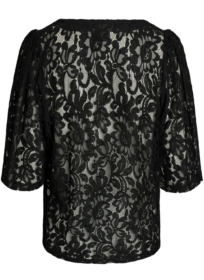 Kortermet bluse med blonder og V-hals, Svart, Packshot image number 1