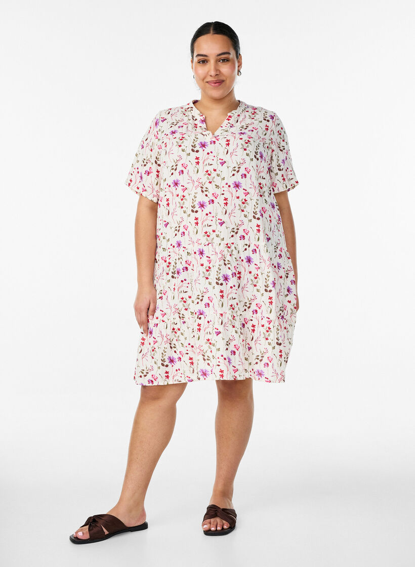 Kort A-linjekjole i bomullsmuslin, Beige, Model image number 1