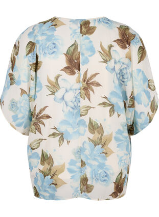 Mønstrete bluse med knyting og korte ermer, Cloud Dancer Flower , Packshot image number 1