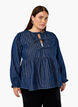 Stripete denimbluse med knyting foran, Blå, Model image number 0