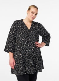 Tunika med brodert blomster mønster og 3/4 ermer, Svart Tunika med brodert blomster mønster og 3/4 ermer, Svart, Model