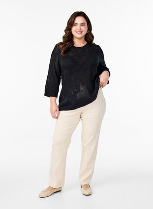 Zizzi Strikket bluse med åpent mønster og 3/4-ermer, Black, Model image number 2