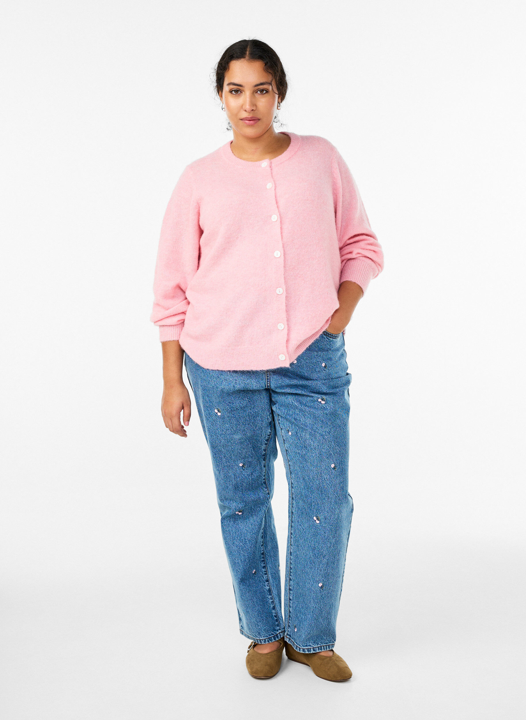 Zizzi Strikket cardigan med ull og knapper, Rosa, Model image number 1
