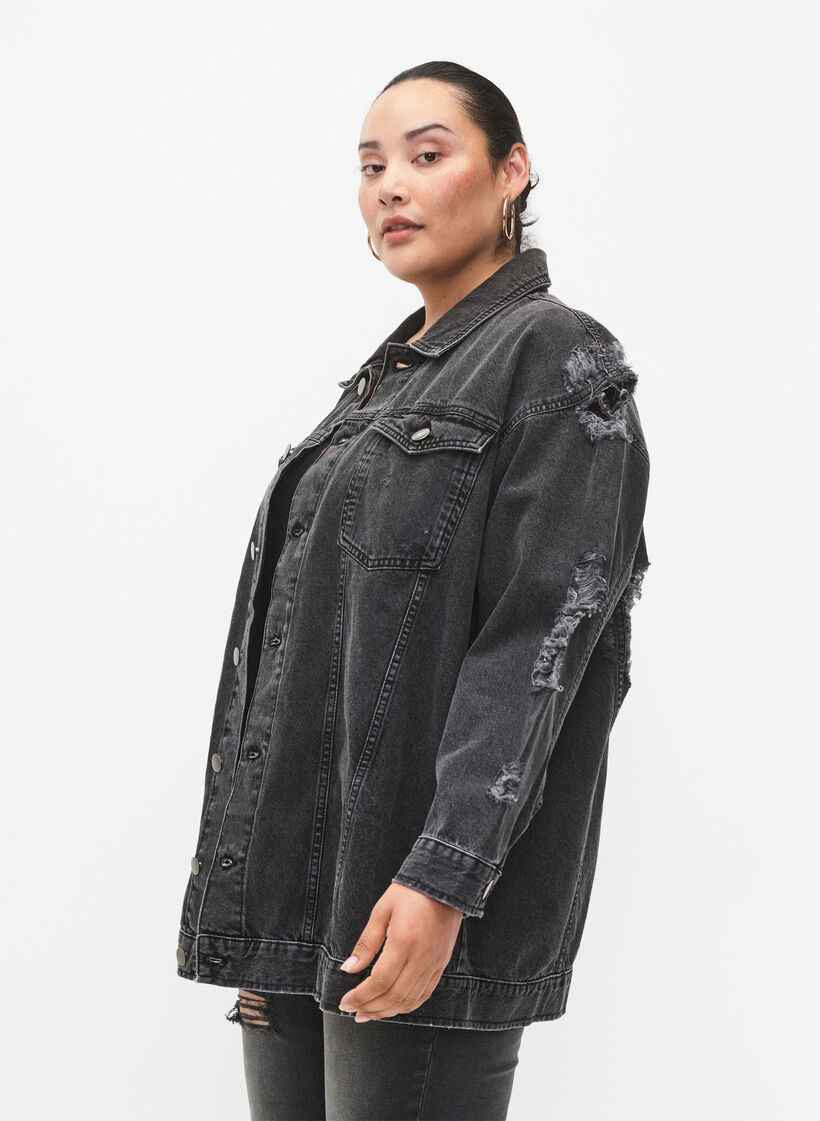 Løs denimjakke med slitte detaljer, Dark Grey Denim, Model image number 2